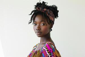 ai gerado lindo africano fêmea modelo vestindo tradicional vestir com generativo ai foto