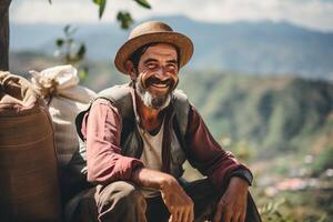 ai gerado masculino café agricultor sorridente dentro frente do dele Fazenda bokeh estilo fundo com generativo ai foto