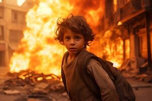 ai gerado uma jovem Garoto em pé dentro frente do uma queimando construção bokeh estilo fundo com generativo ai foto