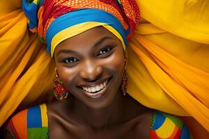ai gerado africano mulher sorridente e vestindo colorida vestir com generativo ai foto