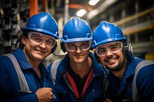 ai gerado três manutenção engenheiro vestindo azul uniforme sorridente bokeh estilo fundo com gerado ai foto