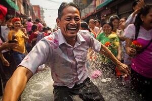 ai gerado tailandês homem jogando água dentro songkran festival bokeh estilo fundo com generativo ai foto