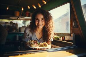 ai gerado alegre alegre chefe de cozinha em pé dentro Comida caminhão. comercial caminhão vendendo rua Comida dentro uma moderno Lugar, colocar foto