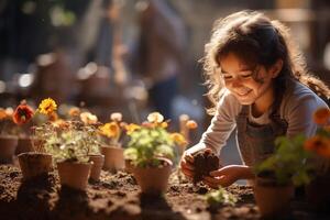 ai gerado menina plantio flor e jovem bebê plantas dentro fertil solo. mundo meio Ambiente dia, final de semana atividade foto