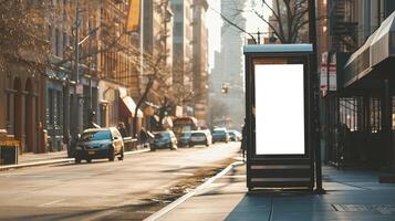 ai gerado vertical Painel publicitário, em branco tela Painel publicitário em cidade rua com nascer do sol, brincar, em branco tela para produtos mostrar,, ai gerado foto