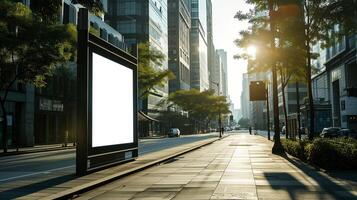 ai gerado vertical Painel publicitário, em branco tela Painel publicitário em cidade rua com nascer do sol, brincar, em branco tela para produtos mostrar,, ai gerado foto