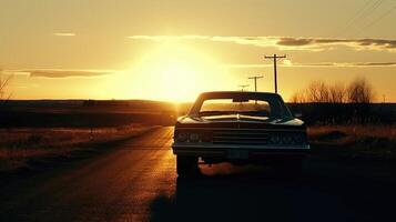 ai gerado vintage carro estacionado em uma país estrada às pôr do sol com dourado hora luz fundição sombras foto