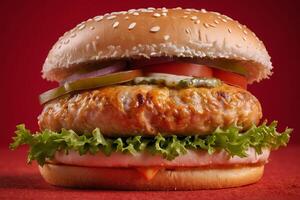 ai gerado gourmet frango hamburguer com fresco legumes em vermelho foto