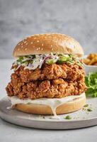 ai gerado crocantes frango hamburguer com salada de repolho foto