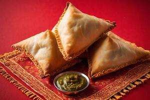 ai gerado crocantes dourado samosas com verde molho picante foto