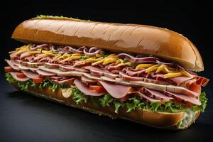 ai gerado gigante Delicatessen sanduíche em grandes pão lista foto