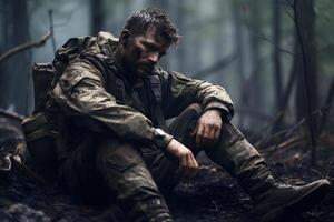 ai gerado sujo cansado soldado sentado dentro profundo floresta às outono noite, neural rede gerado imagem foto