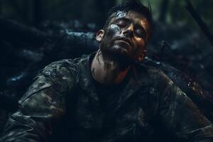 ai gerado sujo cansado soldado dorme sentado em profundo floresta chão às verão noite, neural rede gerado imagem foto