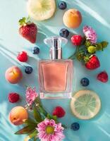 transparente perfume garrafa zombar acima com flores, bagas, frutas em fundo foto