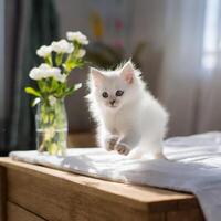 ai gerado fofo bonita gatinha e flores, animal e floral cartão, parabéns cartão foto