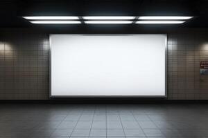 ai gerado branco cobertor Painel publicitário brincar dentro uma metrô estação foto