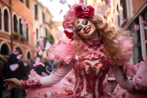 ai gerado lindo fechar-se retrato do jovem mulher dentro tradicional veneziano carnaval mascarar e fantasia, dançando às a nacional Veneza festival dentro Itália. foto
