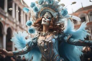 ai gerado lindo fechar-se retrato do jovem mulher dentro tradicional veneziano carnaval mascarar e fantasia, dançando às a nacional Veneza festival dentro Itália. foto