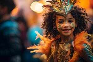 ai gerado lindo fechar-se retrato do menina dentro tradicional samba dança equipamento e Maquiagem para a brasileiro carnaval. rio de janeiro festival dentro brasil. foto