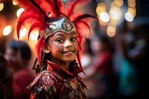 ai gerado lindo fechar-se retrato do menina dentro tradicional samba dança equipamento e Maquiagem para a brasileiro carnaval. rio de janeiro festival dentro brasil. foto