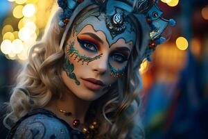 ai gerado lindo fechar-se retrato do jovem mulher dentro tradicional veneziano carnaval mascarar e fantasia, às a nacional Veneza festival dentro Itália. foto