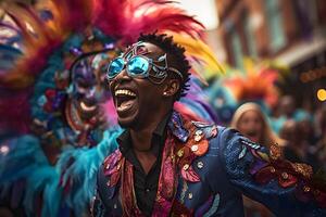 ai gerado lindo fechar-se retrato do jovem homem dentro tradicional samba dança equipamento e Maquiagem para a brasileiro carnaval. rio de janeiro festival dentro brasil. foto