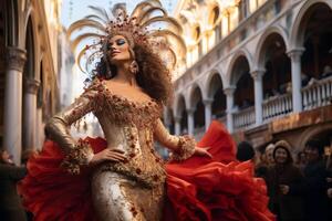 ai gerado lindo fechar-se retrato do jovem mulher dentro tradicional veneziano carnaval mascarar e fantasia, dançando às a nacional Veneza festival dentro Itália. foto