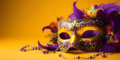 ai gerado colorida tradicional veneziano ou mardi gras carnaval mascarar com decoração para nacional festival celebração em amarelo fundo. foto