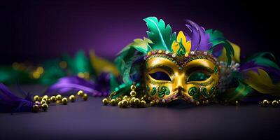 ai gerado colorida tradicional mardi gras carnaval mascarar com ouro, verde cores decoração para nacional festival celebração em roxa fundo com cópia de espaço. foto