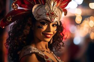 ai gerado lindo fechar-se retrato do jovem mulher dentro tradicional samba dança equipamento e Maquiagem para a brasileiro carnaval. rio de janeiro festival dentro brasil. foto