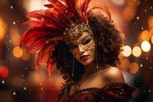 ai gerado lindo fechar-se retrato do jovem mulher dentro tradicional veneziano carnaval mascarar e fantasia, às a nacional Veneza festival dentro Itália. foto