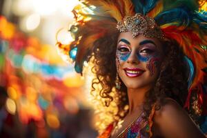 ai gerado lindo fechar-se retrato do jovem mulher dentro tradicional samba dança equipamento e Maquiagem para a brasileiro carnaval. rio de janeiro festival dentro brasil. foto