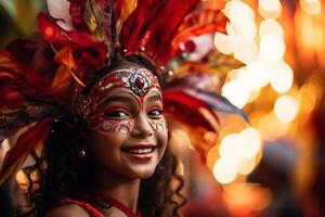 ai gerado lindo fechar-se retrato do menina dentro tradicional samba dança equipamento e Maquiagem para a brasileiro carnaval. rio de janeiro festival dentro brasil. foto
