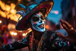 ai gerado lindo fechar-se retrato do jovem homem dentro tradicional equipamento e Maquiagem para a dia do a morto, dançando às a nacional mexicano festival. foto