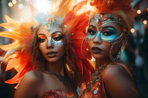 ai gerado lindo fechar-se retrato do dois jovem mulher dentro tradicional samba dança equipamento e Maquiagem para a brasileiro carnaval. rio de janeiro festival dentro brasil. foto