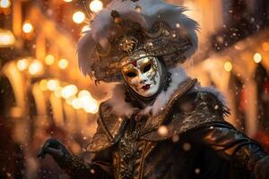 ai gerado lindo fechar-se retrato do jovem mulher dentro tradicional veneziano carnaval mascarar e fantasia, às a nacional Veneza festival dentro Itália. foto