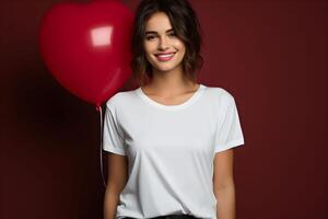 ai gerado jovem mulher com coração balão dentro a mão, vestindo Bella tela de pintura branco camisa brincar, vermelho fundo. dia dos namorados dia ou aniversário Projeto camiseta modelo, impressão apresentação brincar. foto