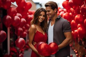 ai gerado jovem casal em a rua com vermelho balões fundo. dia dos namorados dia, aniversário ou a oferta do casamento celebração. foto