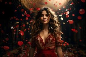 ai gerado jovem morena mulher posando com vermelho rosas pétalas confete às Sombrio fundo. dia dos namorados dia, aniversário ou festa, feriado celebração conceito. foto