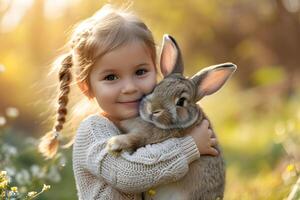 ai gerado fofa pequeno menina segurando uma coelhinho, Coelho dentro dele braços, em Primavera jardim fundo. Páscoa feriado conceito. foto