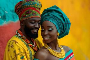 ai gerado Preto história mês bandeira com afro-americano jovem casal retrato dentro nacional roupas sobre vermelho amarelo verde fundo. décimo primeiro liberdade dia celebração, africano libertação dia. foto