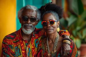 ai gerado Preto história mês bandeira com afro-americano idosos casal retrato dentro nacional roupas sobre vermelho amarelo verde fundo. décimo primeiro liberdade dia celebração, africano libertação dia. foto