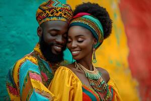 ai gerado Preto história mês bandeira com afro-americano jovem casal retrato dentro nacional roupas sobre vermelho amarelo verde fundo. décimo primeiro liberdade dia celebração, africano libertação dia. foto