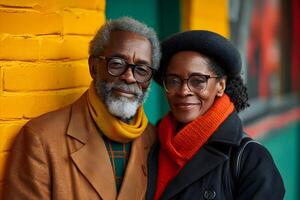 ai gerado Preto história mês bandeira com afro-americano idosos casal retrato dentro sobre vermelho amarelo verde fundo. décimo primeiro liberdade dia celebração, africano libertação dia conceito. foto