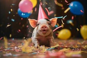 ai gerado feliz fofa porco, porquinho dentro uma festa chapéu goza e comemora uma aniversário cercado de queda confete e balões. animal aniversário conceito em brilhante fundo. foto