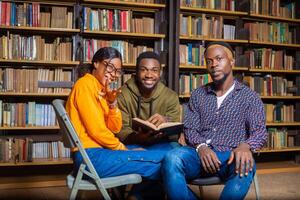 pessoas, conhecimento, Educação e escola conceito - grupo do alunos lendo livros e preparando para exame dentro biblioteca foto