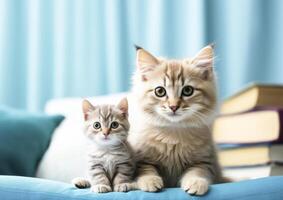 gato sentado com gatinho, fofa pequeno gatinhos em chão, seletivo foco. foto