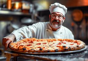 ai gerado chefe de cozinha apresentando recentemente cozido calabresa pizza foto