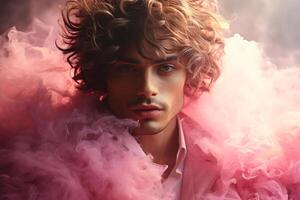 ai gerado retrato do uma bonito jovem homem dentro uma Rosa smokey nuvem. foto