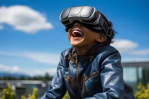 ai gerado fechar-se retrato do uma feliz pequeno Garoto vestindo virtual realidade óculos ao ar livre. foto